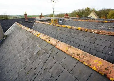 Different pitched roof sections over the building.